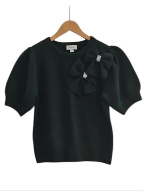 CeCe Hunter Green Bow Sweater Puff Sleeve Knit Top Women’s Small Preppy Chic